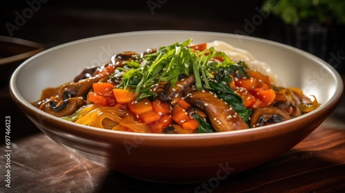 A tantalizing bowl presents itself, filled with a rainbow of fresh vegetables, including carrots, mushrooms, and bok choy, gently cooked and resting on a bed of silky rice noodles, with