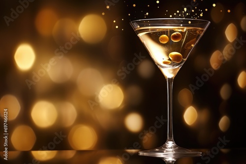 Classic Martini: Close-up of a perfectly chilled martini glass with olives.