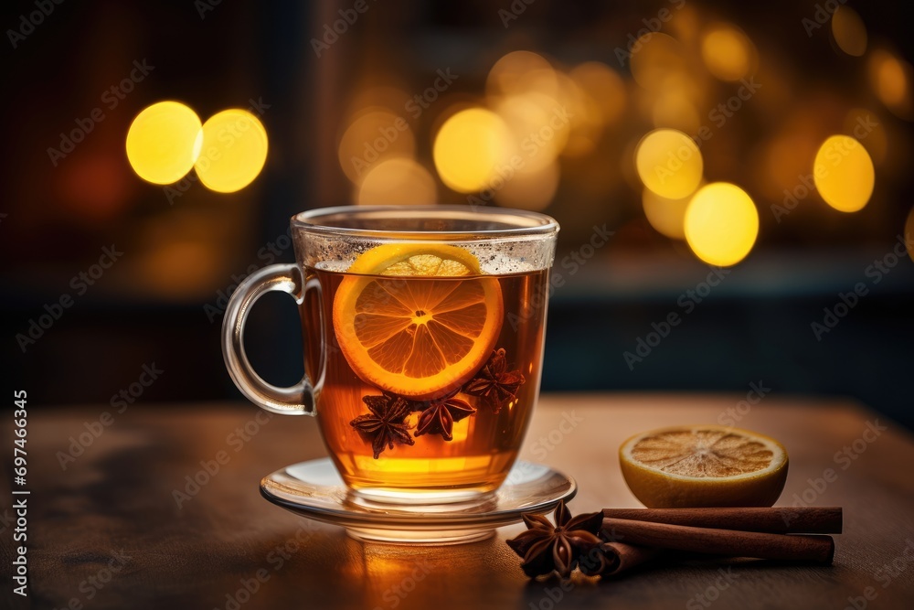 Hot Toddy Time: Close-up of a warm mug of hot toddy, garnished with a cinnamon stick and lemon peel. Hot Toddy Time: Close-up of a warm mug of hot toddy, garnished with a cinnamon stick and lemon peel.