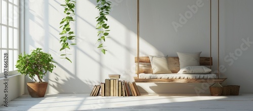 Books, plant, and a wooden swing occupy a white room. photo