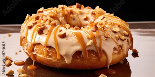 An irresistible image showcasing a heavenly donut stuffed with creamy peanut er, topped with crushed peanuts and a drizzle of smooth caramel, creating a harmonious blend of flavors and textures.