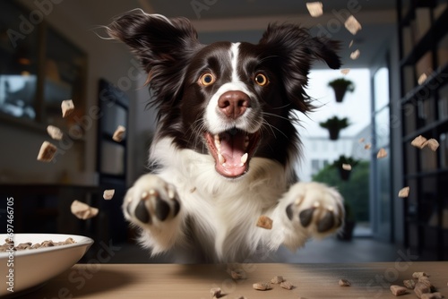 Foto A happy border collie dog with scattered pellets of dry food.