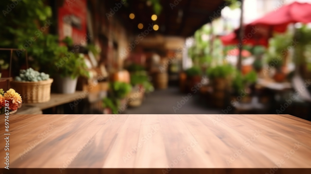 A smooth wooden table surface with a vibrant flower market blurred in the background, suggesting freshness and nature.
