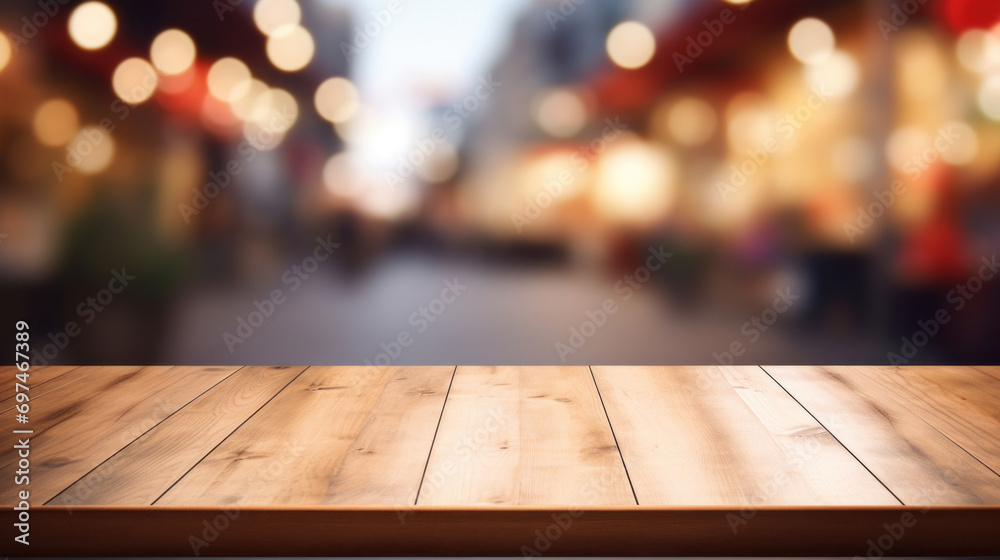 Wooden surface with an abstract blur of a bustling night market in the background, suggesting urban commerce.