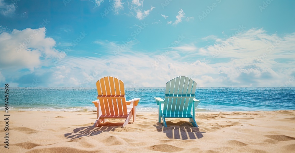 Postcard Moments: Tropical Tranquility in Sandy Seclusion,relaxation, romance, and escape, highlighting the beauty of a sandy beach with chairs, surrounded by tropical landscapes Postcard Moments: Tropical Tranquility in Sandy Seclusion,relaxation, romance, and escape, highlighting the beauty of a sandy beach with chairs, surrounded by tropical landscapes