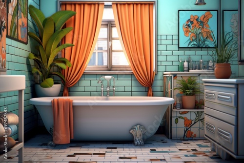 A colorful pop art bathroom with bright tiles  curtains and retro furniture.