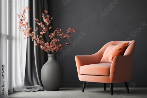 The fashionable armchair in the living room is the trendy color Peach Fuzz, the walls are gray. Modern minimalistic interior. photo