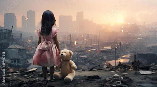 Hope Amidst Desolation - Young Asian Girl in Dystopian Cityscape, the need for environmental awareness and the resilience of the human spirit in the face of looming challenges.