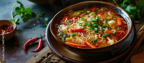 Indo-Chinese Vegetarian Manchow Soup with noodles, bell peppers, cabbage, carrots, and green onions.