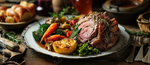 Sunday Roast Beef with a variety of vegetables and gravy. photo