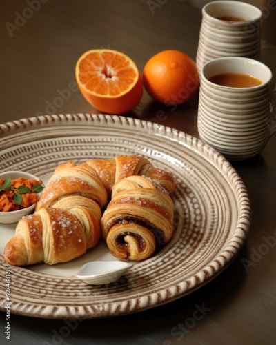 A nostalgic shot features a wrinkled, vintage plate holding three different types of rugelach poppy seed, cinnamon, and apricot. The worn ceramics evoke memories of cherished family recipes, photo