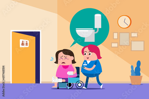 vector illustration in cartoon style , set of character man and woman pain in different parts of body. hand leg broken sit in arm chair, backache.