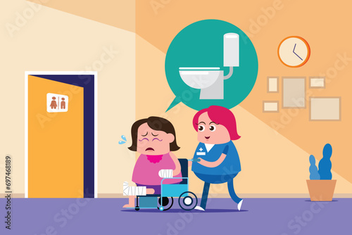 vector illustration in cartoon style , set of character man and woman pain in different parts of body. hand leg broken sit in arm chair, backache.