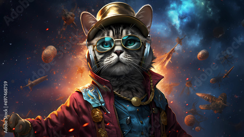  cat in party gear against a cosmic backdrop
