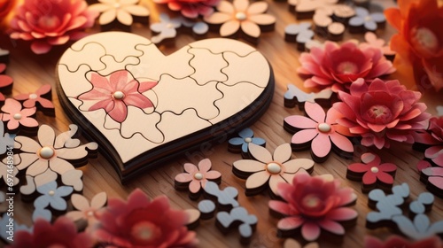 An intricate puzzle with pieces in the shape of hearts and flowers, representing the sweet and romantic journey of falling in love and building a life together.