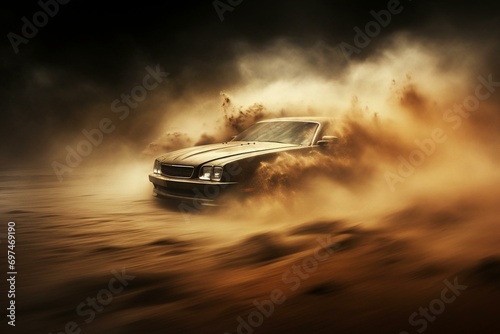 Fast-moving car amidst dust and storm, creating motion blur. Generative AI