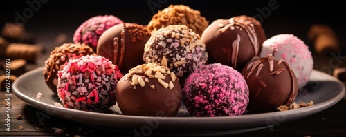 A visually captivating food shot featuring a platter of edible cookie dough truffles, each one meticulously rolled in velvety cocoa powder, crushed almonds, or vibrant sprinkles for a burst