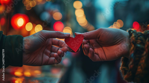 Two hands connect holding a red heart, symbolizing love and warmth in a cold, festive atmosphere.