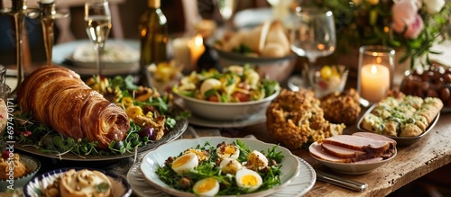 Easter brunch with salad, quail eggs, stuffed eggs, ham rolls, and pastries on a festive table. photo
