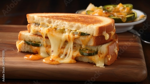 In this visually enticing shot, a gourmet grilled cheese steals the spotlight, featuring slices of homemade jalapeno cheddar bread filled with a melange of sharp cheddar, Monterey Jack,
