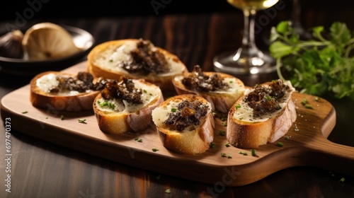 Savor the delicate crispness of truffleinfused crostini, each bite revealing a delightful combination of crunchy bread and the intricate flavors of truffle that effortlessly dance on the photo