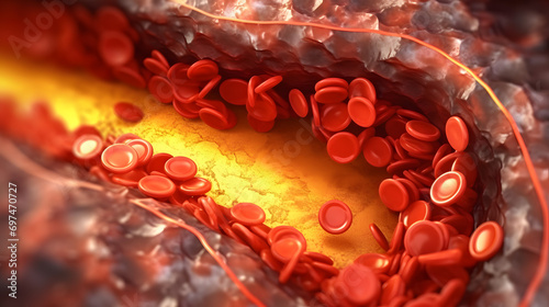Abstract section of the structure of blood vessels with red blood cells, the wall of the arterial vein is covered with fat - cholesterol plaques obstruct the blood flow, stroke infraction. photo
