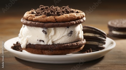 A delightful twist on the classic cookies and cream flavor, with velvety vanilla ice cream swirled with crushed chocolate sandwich cookies, topped with a dollop of whipped cream and cookie