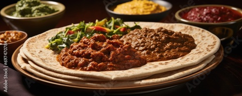 A feast for the senses, a closeup shot reveals a generous portion of injera adorned with a multitude of vibrant stews, each boasting a unique taste profile that harmonizes seamlessly with