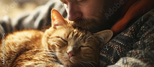 A man caresses a pet cat.