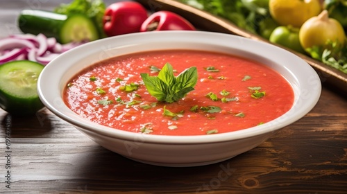 A flavorful bowl of gazpacho, a chilled tomatobased soup b with fresh diced vegetables, including cucumbers, bell peppers, and onions, offering a refreshing burst of summery goodness.