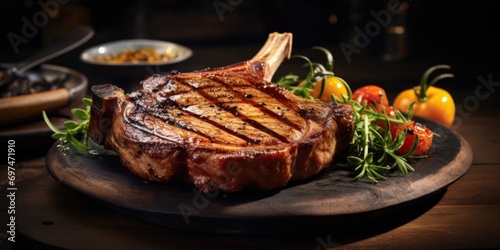 This irresistible image showcases a beautifully grilled bonein pork rib chop, capturing the smoky aroma that dances around the flavorful crust, while the meat retains its tender and juicy