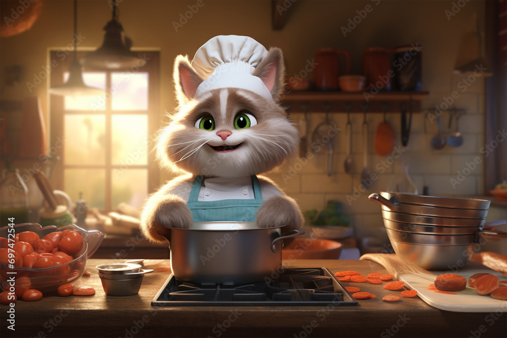 3D character illustration of cat chef in the kitchen