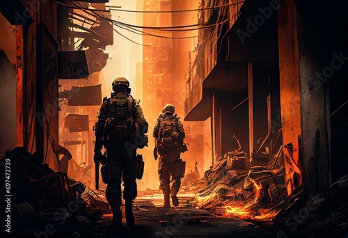 Soldiers patrol flaming post-apocalyptic city slums. Generative AI photo