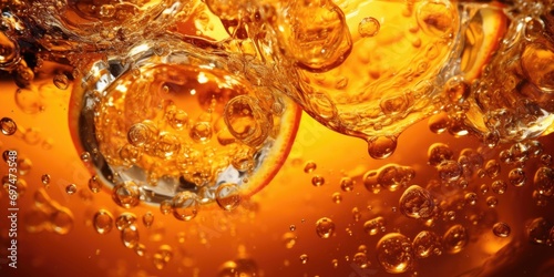 This closeup shot captures the bubbling symphony of fizz that consumes the surface of the orange soda, as if capturing the drinks excitement to be enjoyed and delight your taste buds. photo