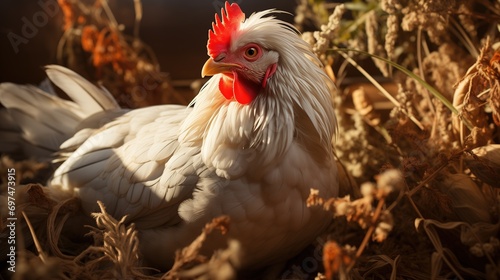 White rooster with red comb on the background of dry grass