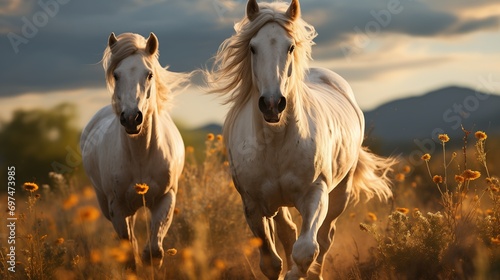 Beautiful white horses run gallop in the meadow at sunset