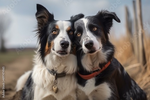 two dogs hugging together for a walk. Pets in nature. Cute border collie in a field in colors. St. Valentine's Day. Generative AI photo