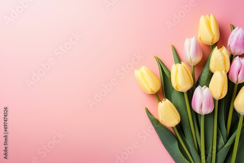 Tender tulips on background with copy space. Abstract natural floral frame layout with text space. Romantic feminine composition. Wedding invitation. International Women day, Mother Day concept