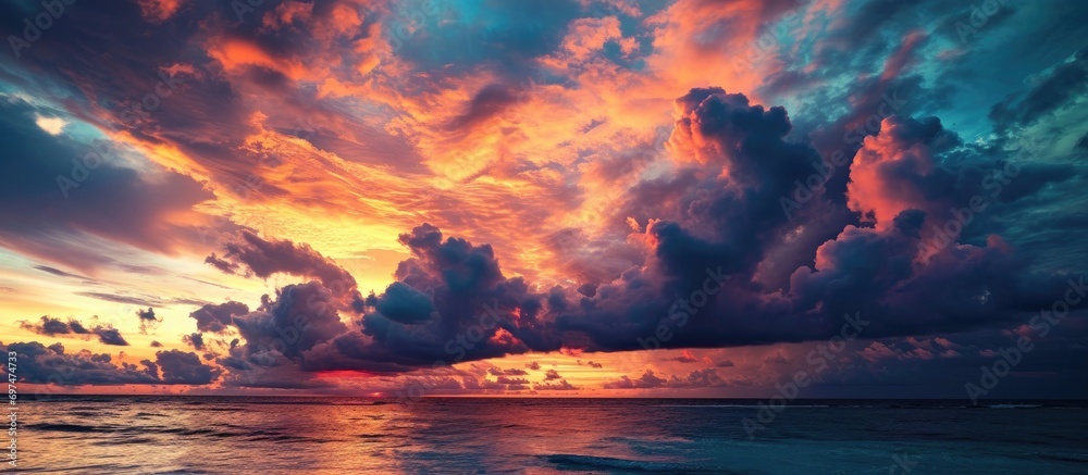 Stunning sky with vibrant colors and dramatic clouds over the sea's natural setting.