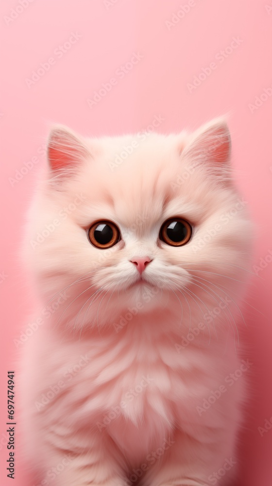 Cute white persian cat on pink background