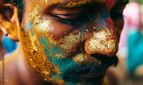 Macro shot of texture and shimmer of golden and teal Holi powders on an indian man face photo