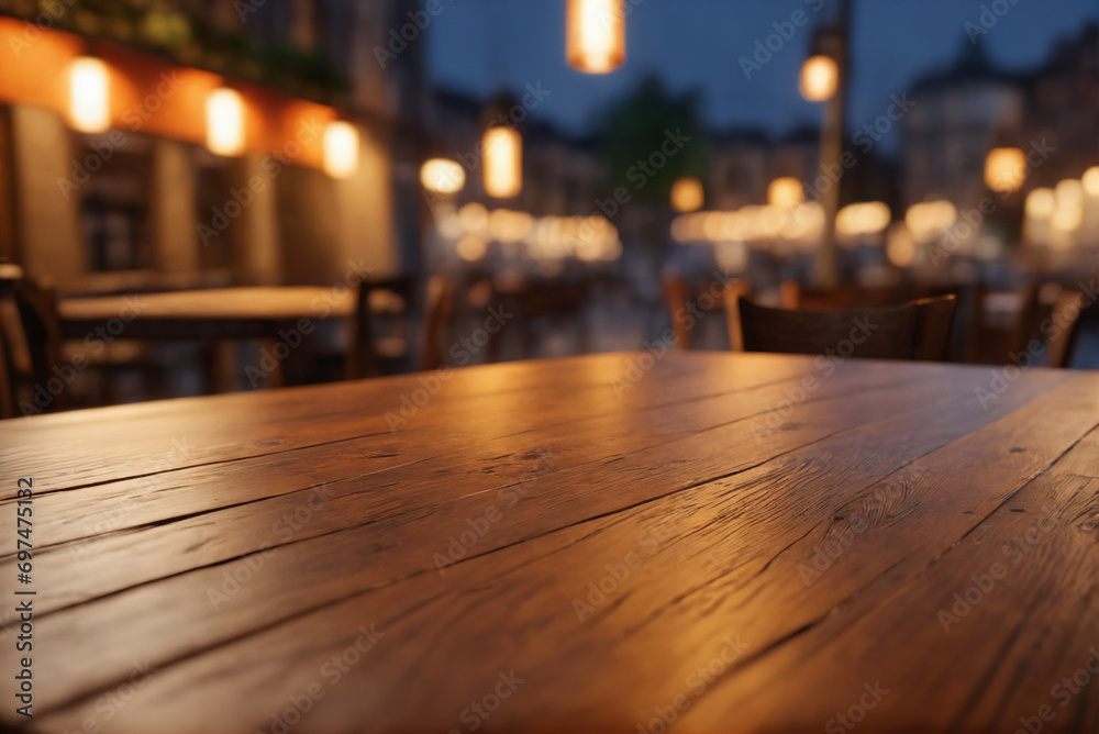都会的な夜景のレストランと木のテーブル.generative AI - obrazy, fototapety, plakaty 