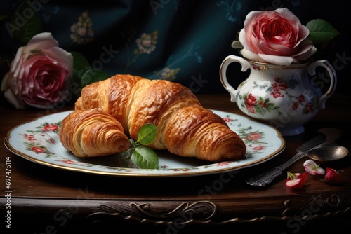 A buttery croissant placed on a vintage plate amidst blossoming roses.