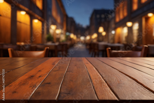 都会的な夜景のレストランと木のテーブル.generative AI