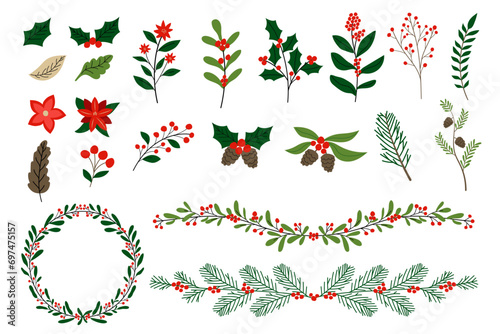 Set of Christmas wreath and foliage vector illustration