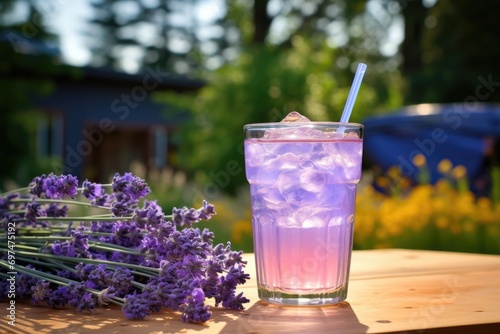 Close-up of a lavender-infused lemonade with a garden pergola in the distance.