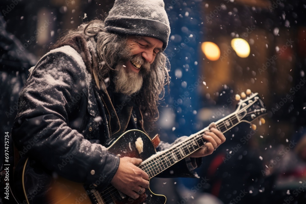 photograph of A homeless man wearing a hoodie happily plays guitar on a pedestrian street amidst passersby while snow falls photograph of A homeless man wearing a hoodie happily plays guitar on a pedestrian street amidst passersby while snow falls