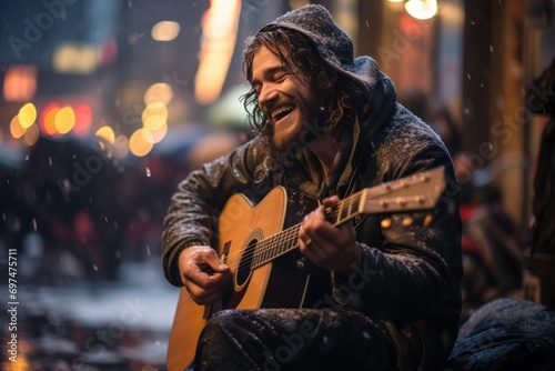 photograph of A homeless man wearing a hoodie happily plays guitar on a pedestrian street amidst passersby while snow falls photo