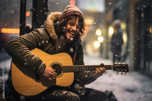 photograph of A homeless man wearing a hoodie happily plays guitar on a pedestrian street amidst passersby while snow falls