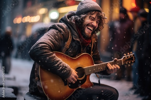 photograph of A homeless man wearing a hoodie happily plays guitar on a pedestrian street amidst passersby while snow falls